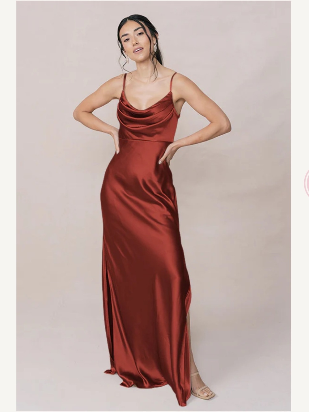 Revelry Skye Satin Dress in Terracotta Rust